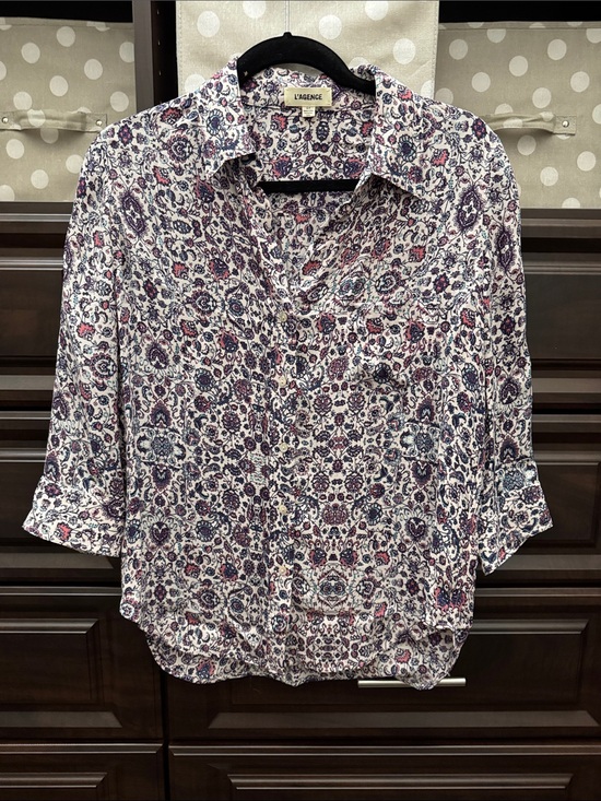 L'AGENCE Tops - L'AGENCE Women's Paisley Button-Front Blouse in White, Navy & Pink. Silk